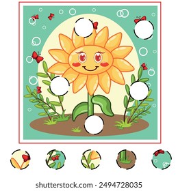 Child Game. Collect a picture. Education game for children. Sunflower character with happy emotion, joyful face, smile eyes. Plant person with funny expression, yellow sun flower emoticon.