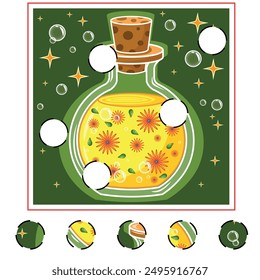 Child Game. Collect a picture. Education game for children. Mystery glass bottle with flowers. Flask with flower elixir.