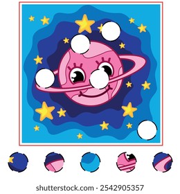 Child Game. Collect a picture. Education game for children. Cute pink planet in space. Pretty character.