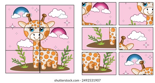 Child Game. Collect a picture. Puzzle education game for children. Cute camel standing cartoon vector illustration. Animal nature concept vector.
