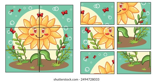 Child Game. Collect a picture. Puzzle education game for children. Sunflower character with happy emotion, joyful face, smile eyes. Plant person with funny expression, yellow sun flower emoticon.