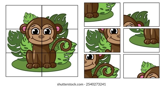 Child Game. Collect a picture. Puzzle education game for children. Cute monkey sitting.