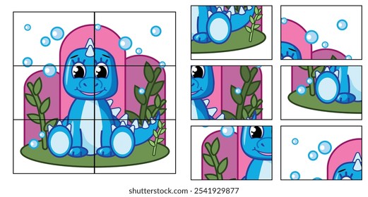Child Game. Collect a picture. Puzzle education game for children. Pretty blue dinosaur.
