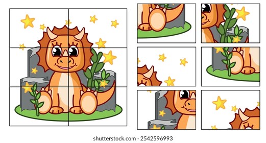 Child Game. Collect a picture. Puzzle education game for children. Pretty orange dinosaur.