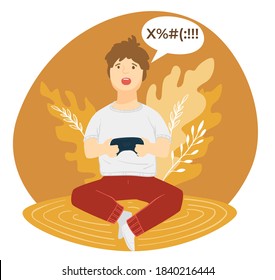 Child with game console playing, competition on cybersport or relaxation on weekends. Kid with gamepad losing, virtual reality hobbies or leisure. Young boy with decor flora vector in flat style