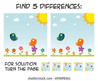 Child game - find 5 differences in pictures; with step by step solution; picture with butterflies and flowers during sunny day