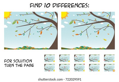 Child game - find 5 differences in pictures; with step by step solution; picture with autumn landscape during sunny day; colorful leaf