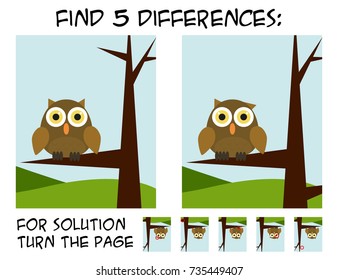 Child game - find 5 differences in pictures; with step by step solution; picture with owl sitting on branch with simple nature background