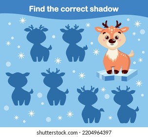 Juego de niños. Encuentra la sombra del ciervo. Series de Animales del Ártico. estilo de dibujos animados