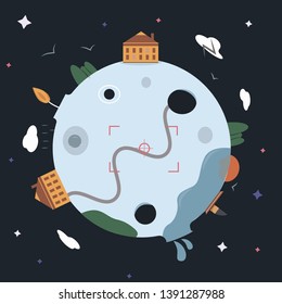 Child Game. Planets in space. Planet with houses and water.