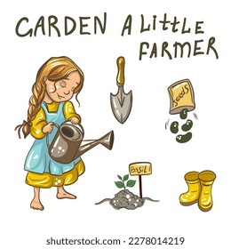 a child in the garden waters asthenia, a girl with a watering can, seedlings. vector illustration of a small farmer.