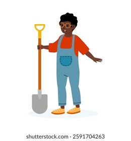 Child gardening enthusiast holding a shovel and smiling in a bright outdoor setting