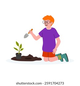 Child gardening in a home setting during daytime while planting a young plant with a trowel