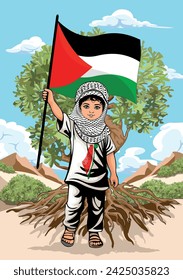 Niño de Gaza, pequeño niño con Keffiyeh sosteniendo una bandera palestina símbolo de la libertad, y de pie delante de un olivo Vector ilustración 