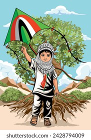 Child from Gaza, little Boy with Keffiyeh and holding a flying kite symbol of free Palestine Vector illustration isolated on White

