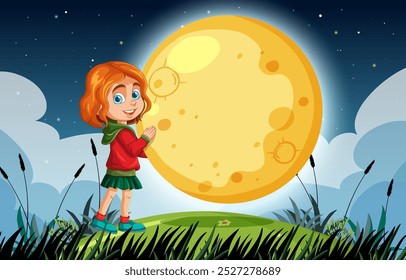 A child gazes at the bright full moon