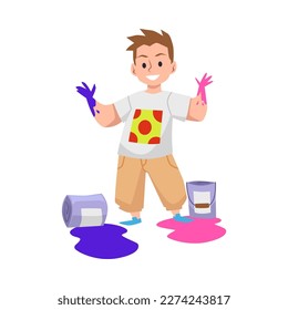 Child gets dirty with paint and behaves badly. Ill-mannered naughty boy not accustomed to order and cleanliness, flat vector illustration isolated on white background.