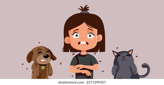 
Child Gets Parasites from Pet Animals and Scratches Vector Cartoon. Unhappy child having symptoms of flea bites from domestic cat and dog
