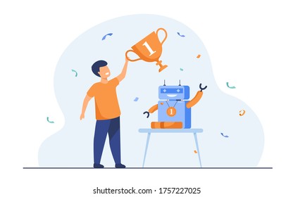 Premios para niños por ilustración de vector plano robot. Joven caricaturista sosteniendo una copa de oro. Concepto de programación y competencia escolar