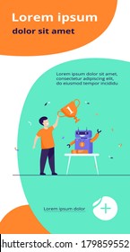 Child getting award for robot flat vector illustration. Cartoon young winner holding golden cup. Programming and school competition concept