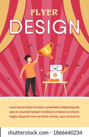Child getting award for robot flat vector illustration. Cartoon young winner holding golden cup. Programming and school competition concept