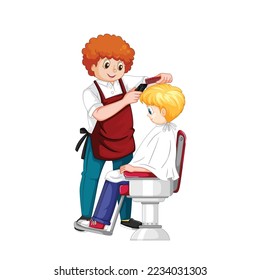 Child getting a haircut. hair cut cartoon. Kid hair salon concept  in hairdresser barbershop. Hairdresser making hairdo for child Cartoon vector illustration. Cute barber character or Barber shop.