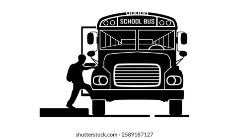 child getting on school bus, front view, black isolated silhouette