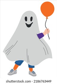 A child in a ghost costume with a Halloween balloon. Colorful vector illustration in flat style. Children's scary costume party.