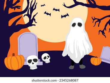 Child in Ghost Costume and Human Skull Head in Graveyard, Vector Illustration