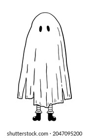 Child in a ghost costume isolated on white background. Creepy and scary character. Hand-drawn vector illustration in doodle style. Perfect for Halloween designs, cards, logo, decorations.