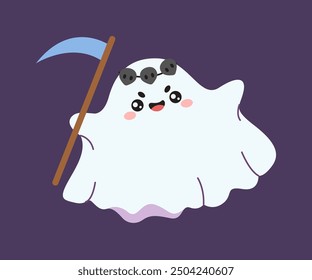 Child ghost with scythe in hands scares flat color vector illustration. Halloween postcard. Cute spirit with sheet concept icon on purple background