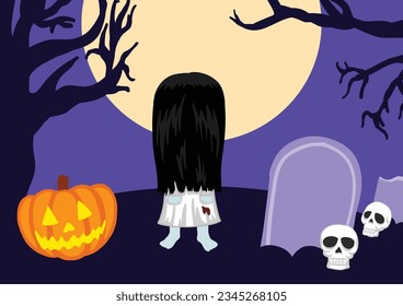Child in Ghost Woman Costume and Human Skull Head in Graveyard, Vector Illustration