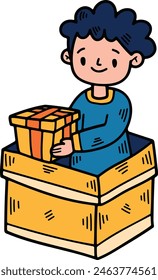 The child with gift box Hand drawn illustrations in line art style