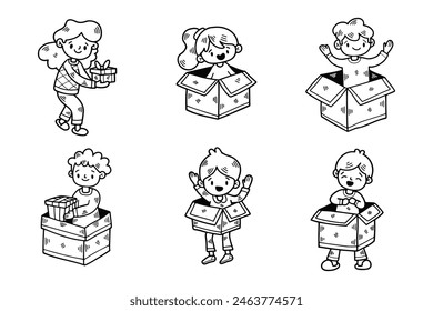 The child with gift box Hand drawn illustrations in line art style