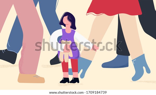 大人の女の子のワールドベクター画像フラットイラスト かわいい 漫画の子どもが 白い背景に大きな人間の足に囲まれて迷子になる 困難を乗り越え 養子縁組 無力で孤独を感じるコンセプト のベクター画像素材 ロイヤリティフリー