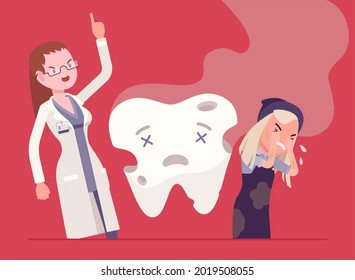 Child girl, angry dentist doctor, unhealthy rotten tooth smell. Female stomatologist scolding child for bad care at medical examination of dental treatment, medical consultation. Vector illustration