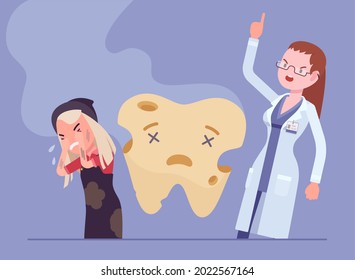 Child girl, angry dentist doctor, unhealthy rotten tooth smell. Female stomatologist scolding child for bad care at medical examination of dental treatment, medical consultation. Vector illustration