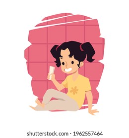 Child girl in bathroom using nail clipper, flat vector illustration isolated on white background. Childrens healthy hygiene habits and self-care skills concept.