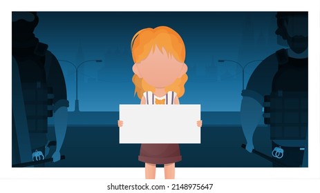 Child Girl with a blank banner. Design in cartoon style. Vector illustration.