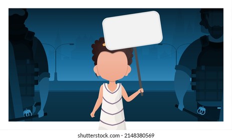 Child Girl with a blank poster. Design in cartoon style. Vector.