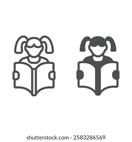 Child girl with book line and solid icon, children book holiday concept. Vector graphics. Kid and opened notebook sign on white background, outline style icon for mobile or web design