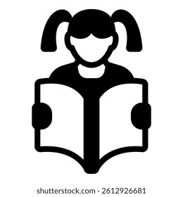 Child girl with book solid icon, children book holiday concept. Vector graphics. Kid and opened notebook sign on white background, glyph style mobile or design