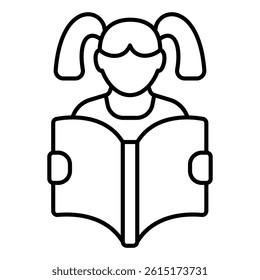 Child girl with book thin line icon, children book holiday concept. Vector graphics. Kid and opened notebook sign on white background, style mobile or design