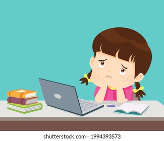 child girl bored of studying  in front of the laptop. Concept of tired kid from home e-learning or online education