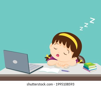 child girl bored of studying sleeps in front of the laptop. Concept of tired kid from home e-learning or online education