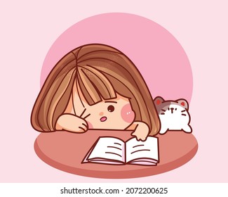 Child girl bored and tired to reading book and she has sleeping on the desk hand drawn cartoon art illustration
