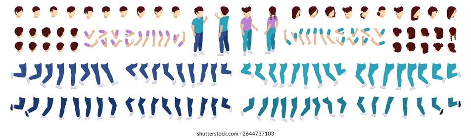 Child girl and boy characters constructor. Vector unique isometric personage creature. Young female and male in casual clothes. Set of different positions of hands, legs and hair style. DIY kit