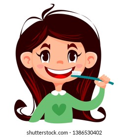 Child girl brushing her teeth with a toothbrush. Character on a white background. Vector illustration in cartoon style.