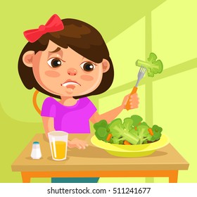 Child girl character does not want to eat broccoli. Vector flat cartoon illustration