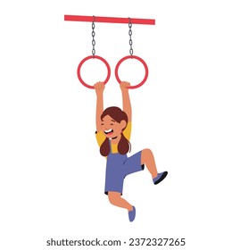 Child Girl Character Hangs From The Monkey Bars, her Determined Grip And Radiant Smile Showcasing Adventurous Spirit And Playful Determination On The Playground. Cartoon People Vector Illustration